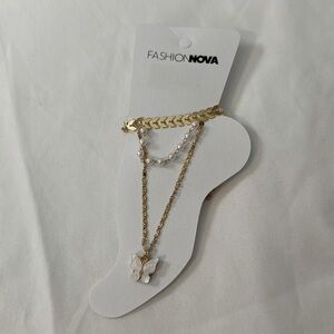 Fashion Nova 3 Anklet set Goldtone Pearls and one with a Butterfly